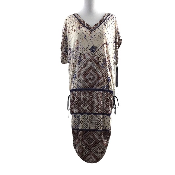 Hale Bob Brown Whie Blue Snake Print Midi Dress Womens Small V Neck Short Sleeve - Picture 1 of 10